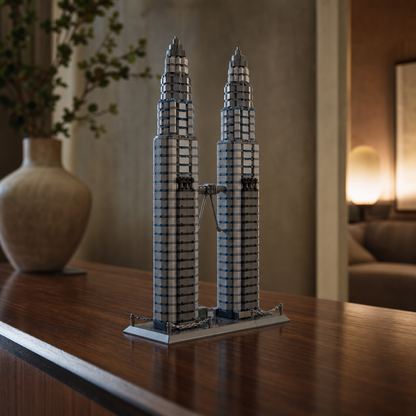 Ceglany model Petronas Towers na konsoli z polerowanego drewna orzechowego