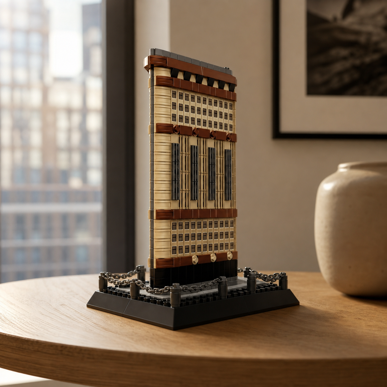 Modèle en brique Flatiron Building sur une table d'appoint en chêne clair