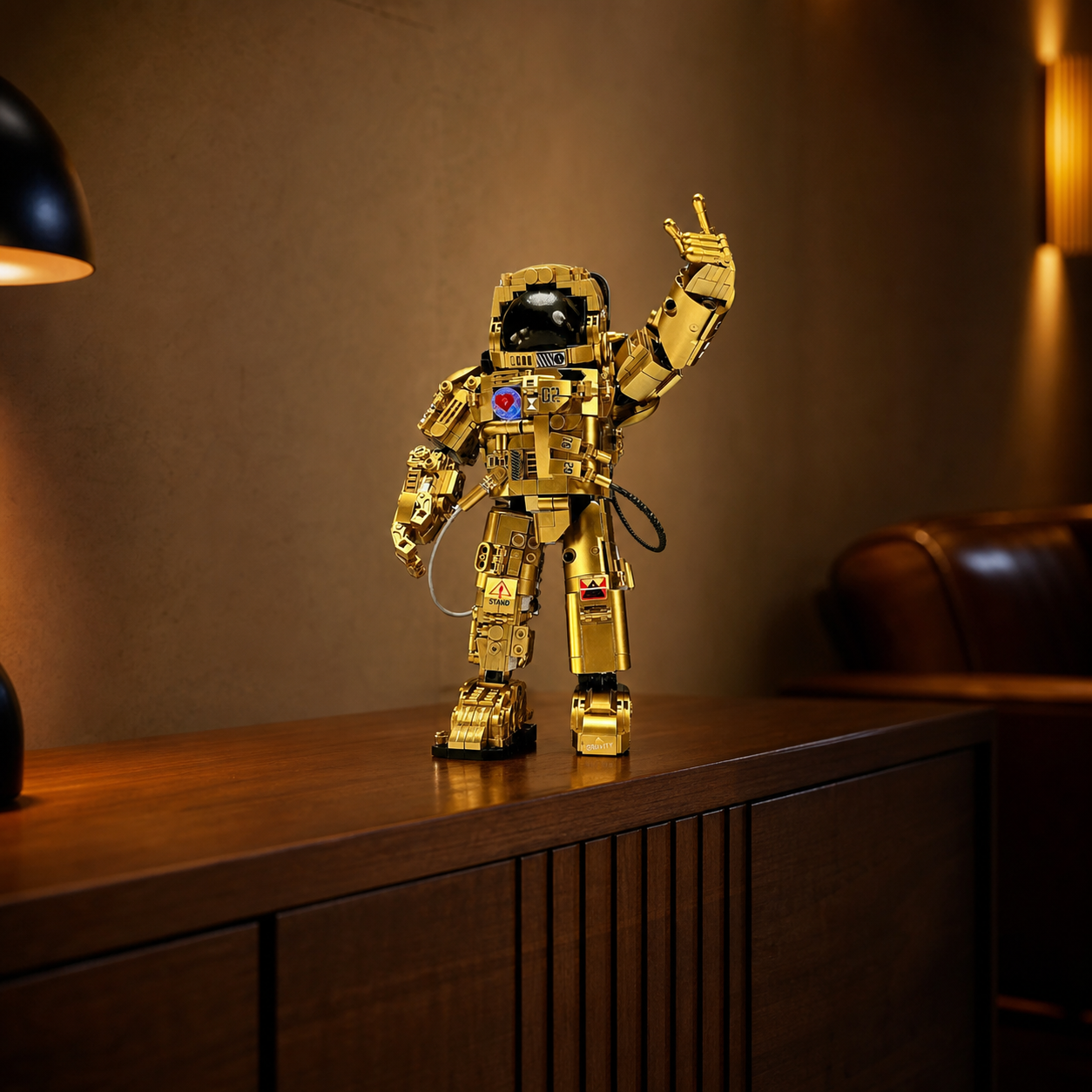 Model de cărămidă Golden Astronaut într-un salon de cinema