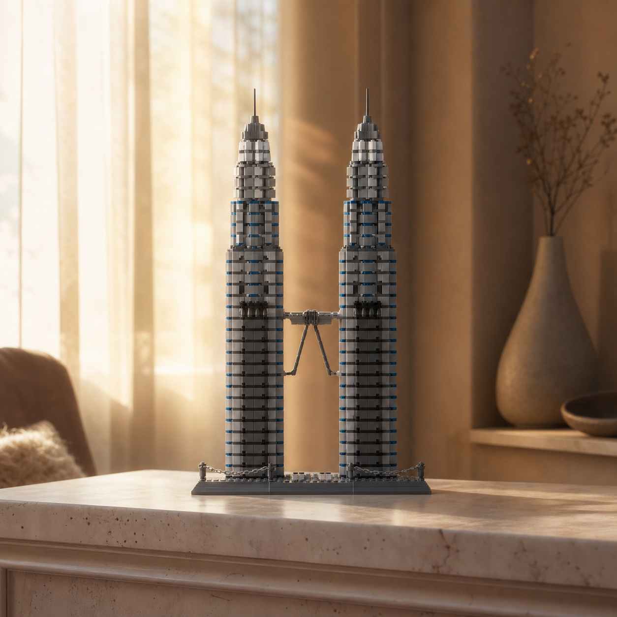 Ceglany model Petronas Towers na wapiennej konsoli