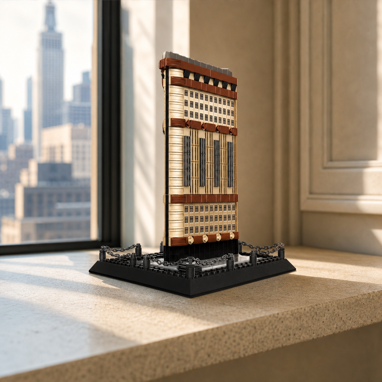 Modèle en brique Flatiron Building sur une étagère en pierre crème