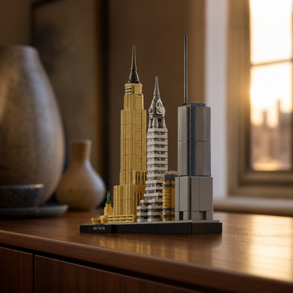 Baksteenmodel van de New York City Skyline op een notenhouten dressoir