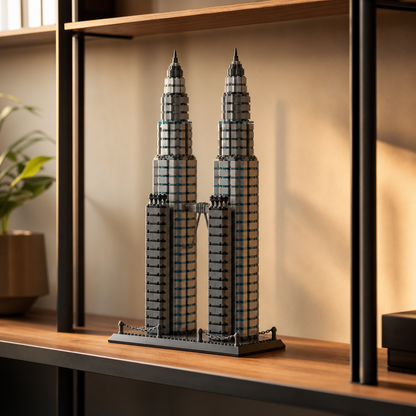 Ceglany model Petronas Towers na półce kolekcjonerskiej