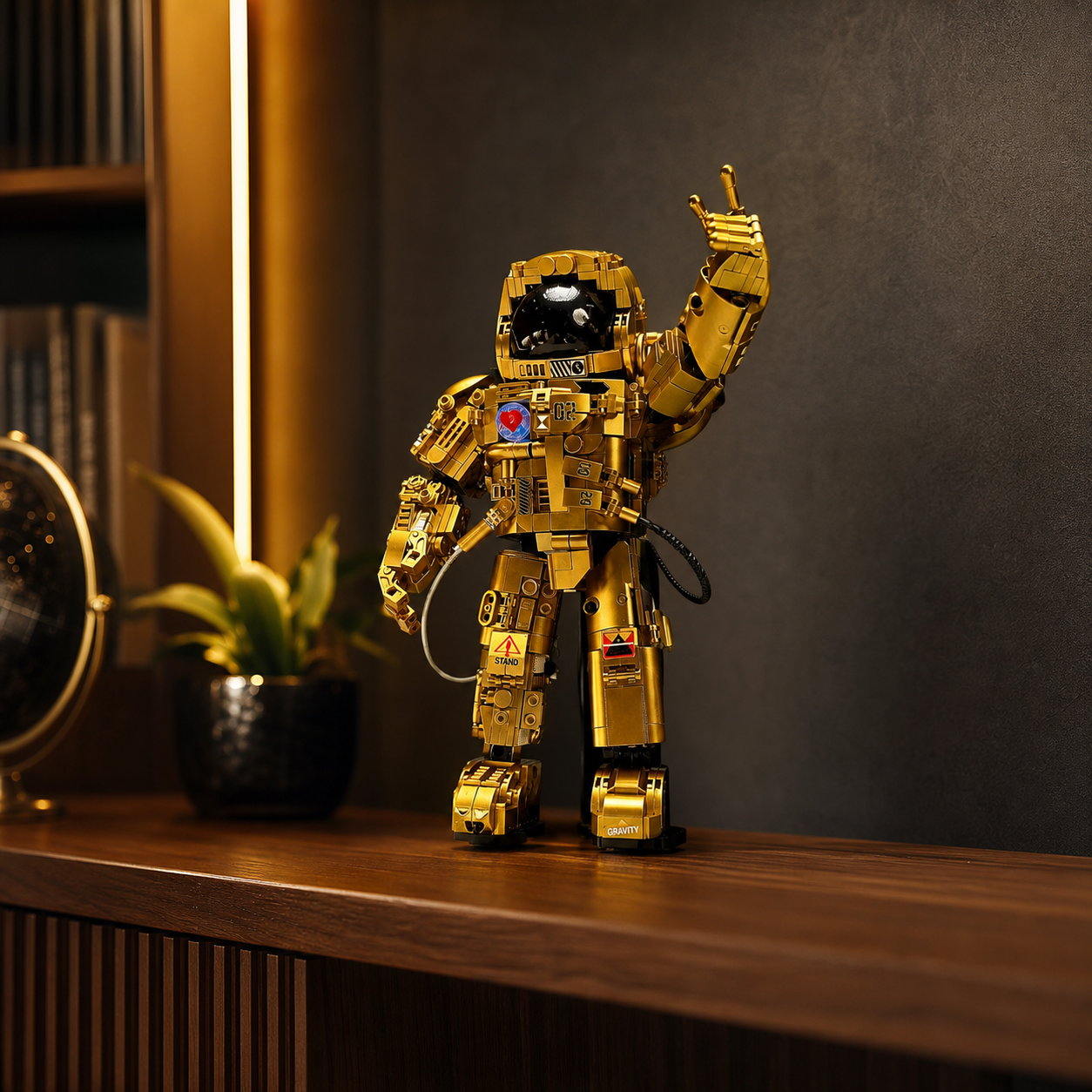 Model de cărămidă Golden Astronaut pe un raft de colecție