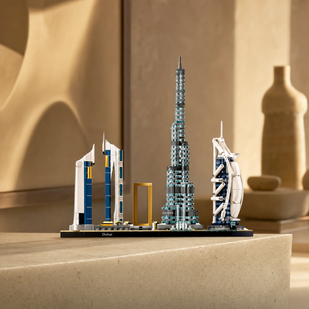 Ceglany model Dubai City Skyline na kremowej kamiennej konsoli