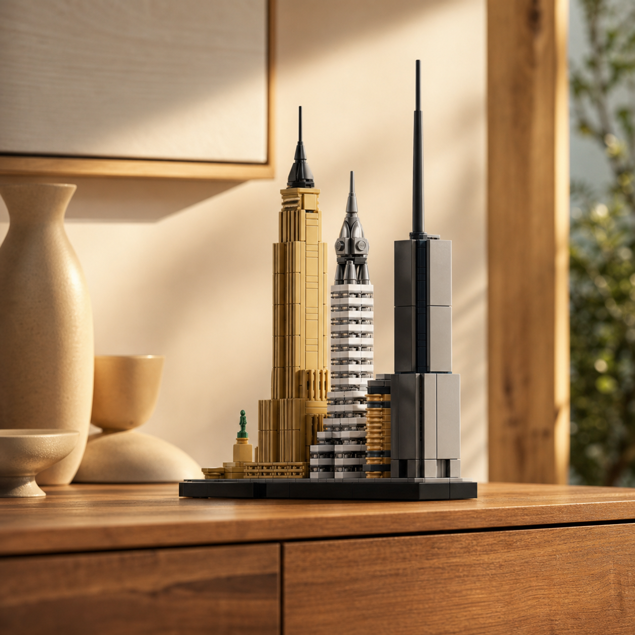 Baksteenmodel van de New York City Skyline op een huiskasteel