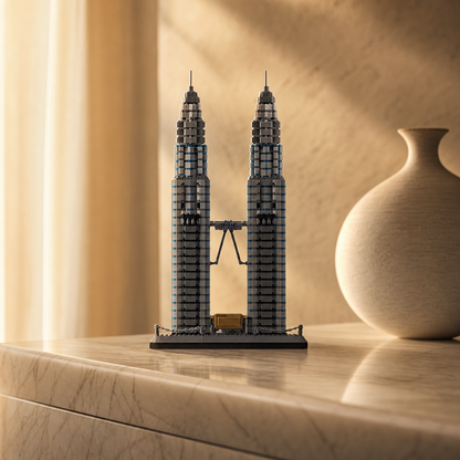 Ceglany model Petronas Towers na marmurowej konsoli