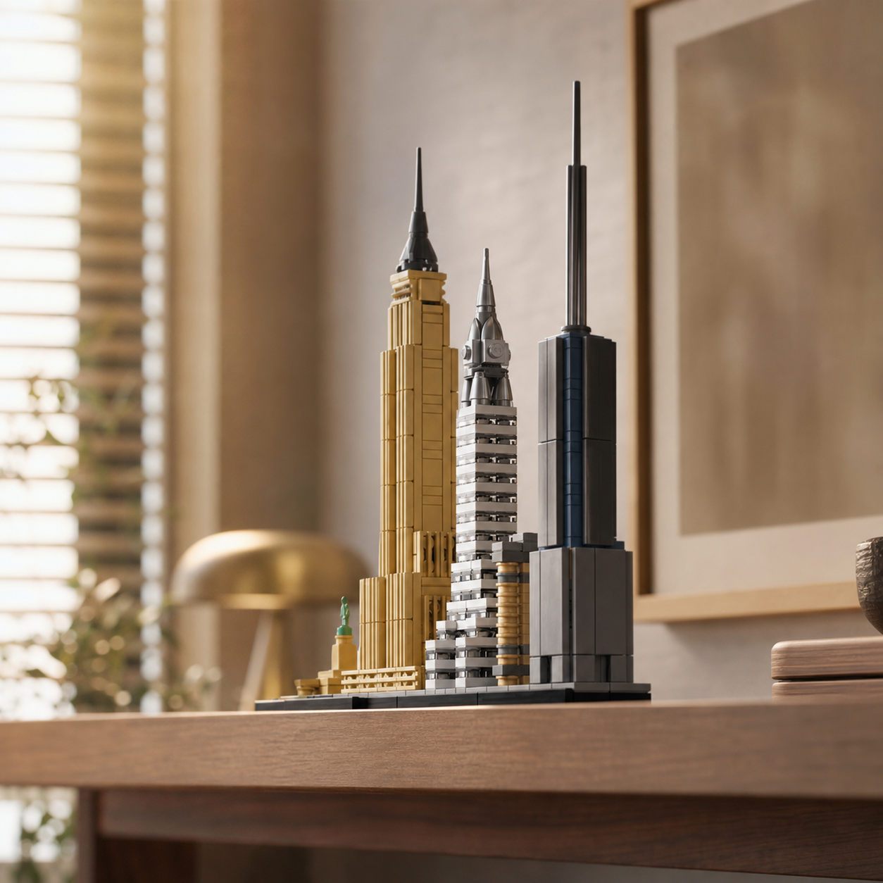New York City Skyline baksteenmodel op een minimalistische plank