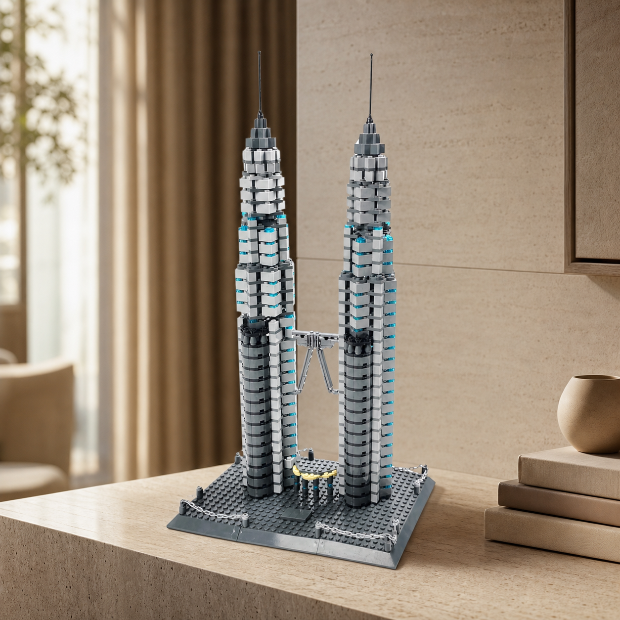 Ceglany model Petronas Towers na trawertynowej konsoli