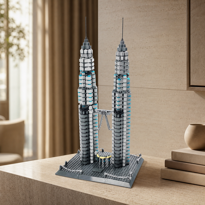 Ceglany model Petronas Towers na trawertynowej konsoli