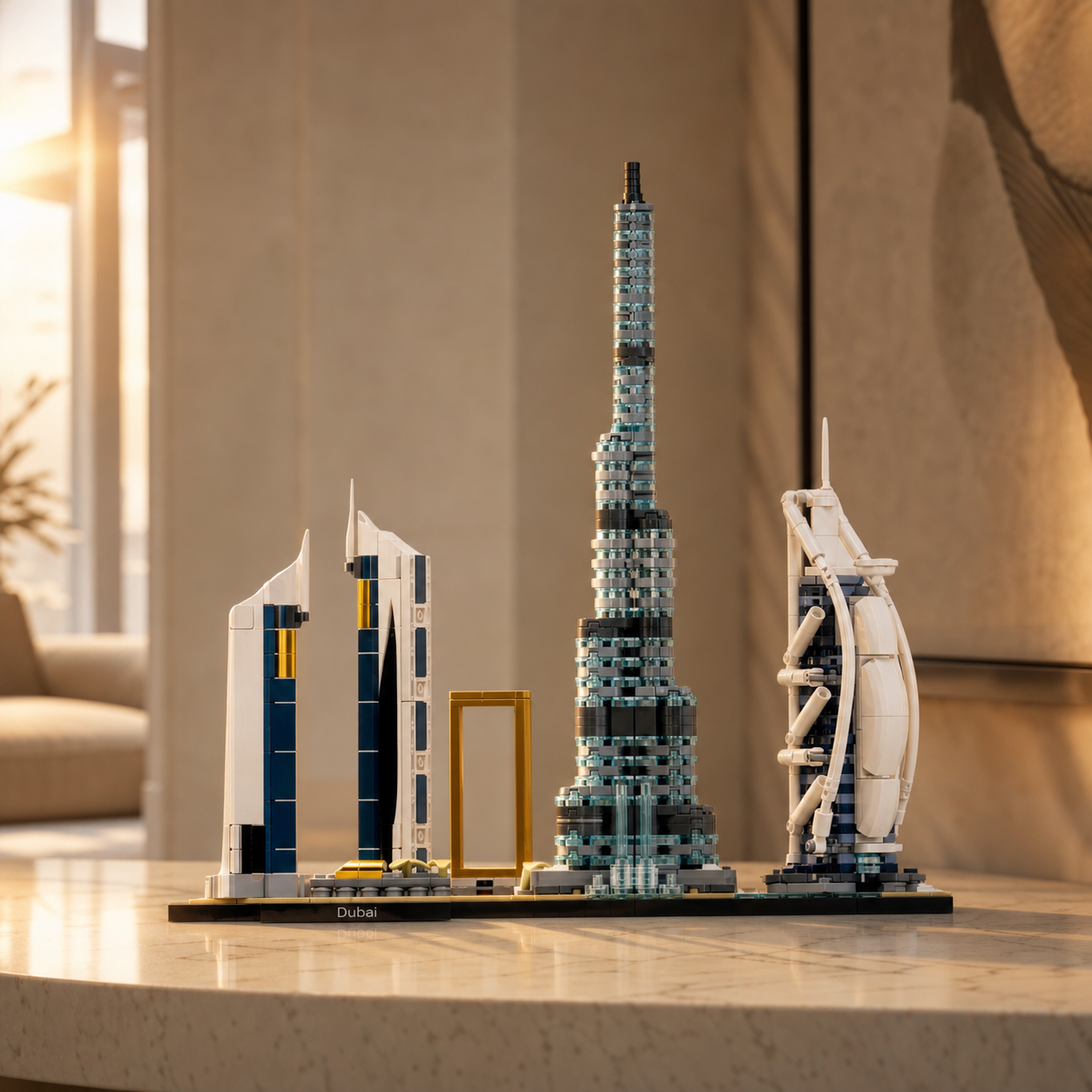 Ceglany model Dubai City Skyline na wapiennej półce