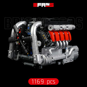 Detailliertes V8-Motormodell aus Bausteinen mit silbernen Rohren und roten Akzenten, 1169 Peças.