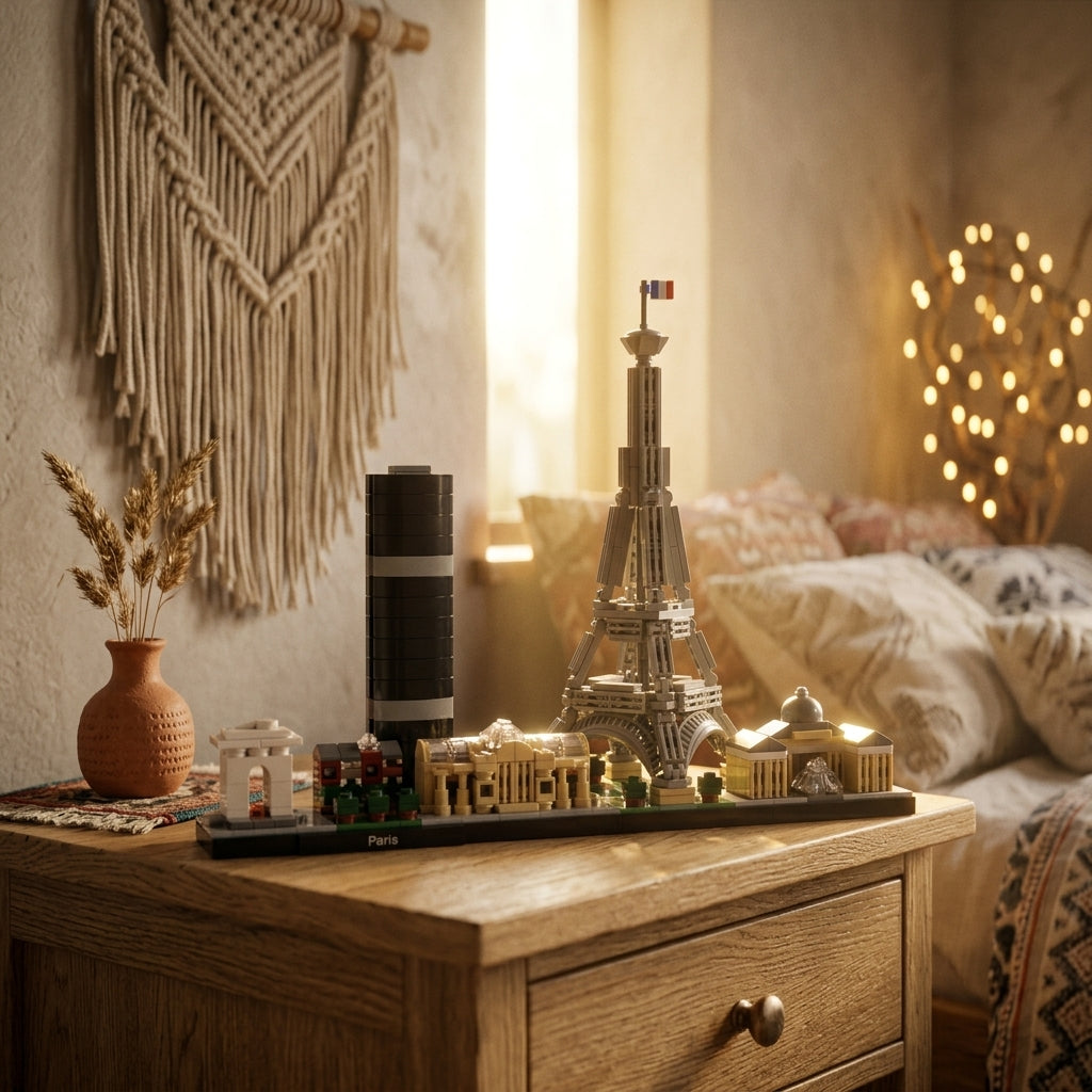 Horizonte de la ciudad de París (649 piezas) - escena interior ambiental boho del dormitorio